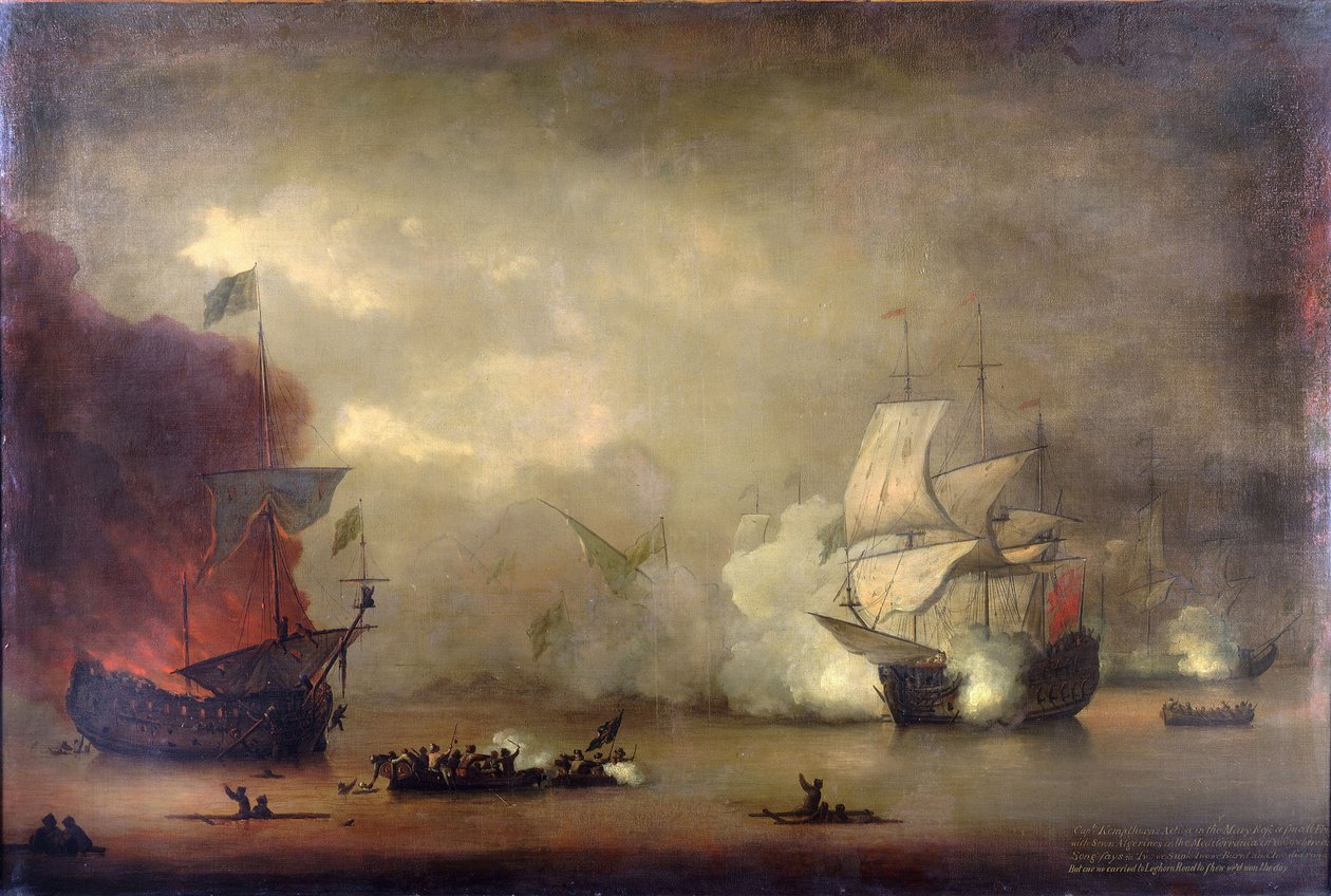 Kuninkaallisen laivaston HMS "Mary Rose" -aluksen ja seitsemän algerialaisen merirosvon välinen meritaistelu Tangerin (Marokko) rannikolla 8. joulukuuta. tekijältä Peter Monamy