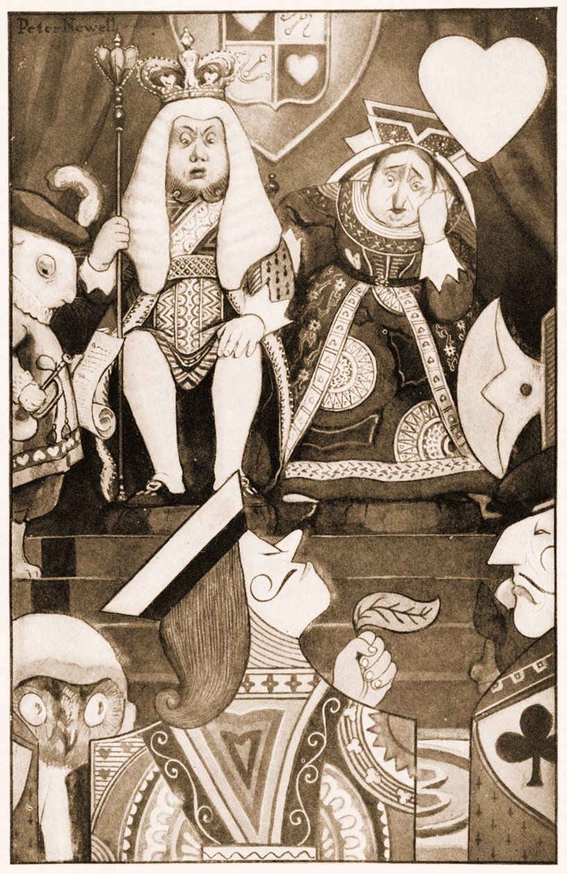 Kuningas ja Sydämien Kuningatar istuivat valtaistuimellaan, kuvitus Lewis Carrollin Alices Adventures in Wonderland, 1901. tekijältä Peter Newell