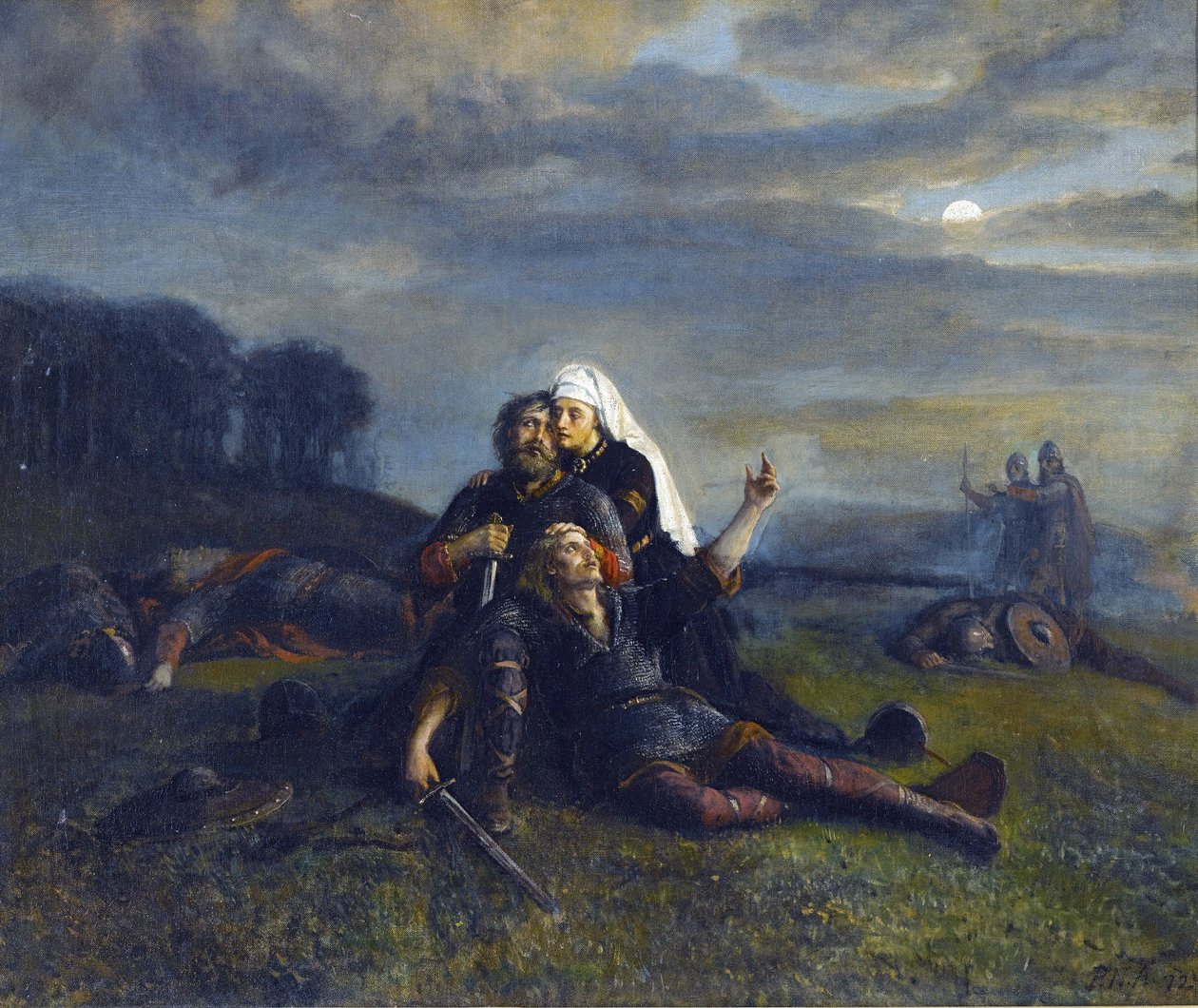 Stiklestadin taistelu (29. heinäkuuta 1030) - Taistelun jälkeen - Peter Nicolai Arbo (1831-1892), - Öljy kankaalle, 51x61,5 - Yksityiskokoelma tekijältä Peter Nicolai Arbo