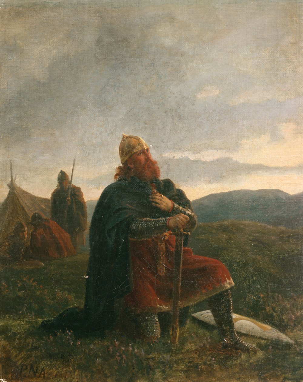 Pyhä Olav rukouksessa ennen Stiklestadin taistelua (öljy kankaalle) tekijältä Peter Nicolai Arbo