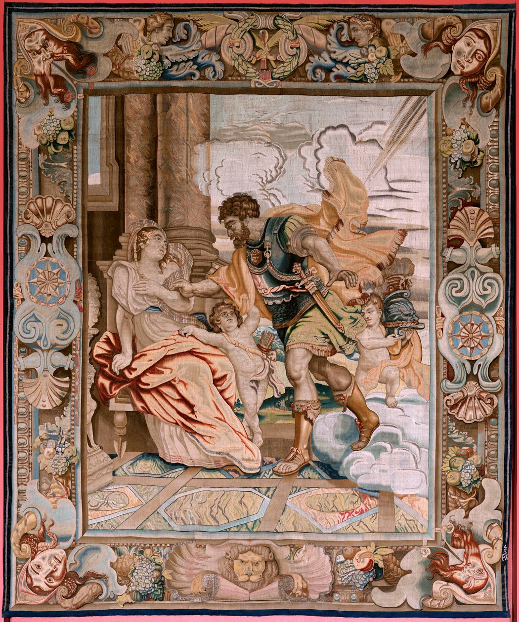 Flanderin kuvakudos. Sarja Konsuli Decius Musin historia. Mars ilmestyy Rhea Silvialle (Aparición de Marte a Rea Silvia). Sarjan kahdeksas kuvakudos. Malli P P Rubens. Valmistus Jan Raes II, Bryssel. Ca1620-1629. Kangas Kulta, hopea, silkki ja villa. tekijältä Peter Paul (after) Rubens