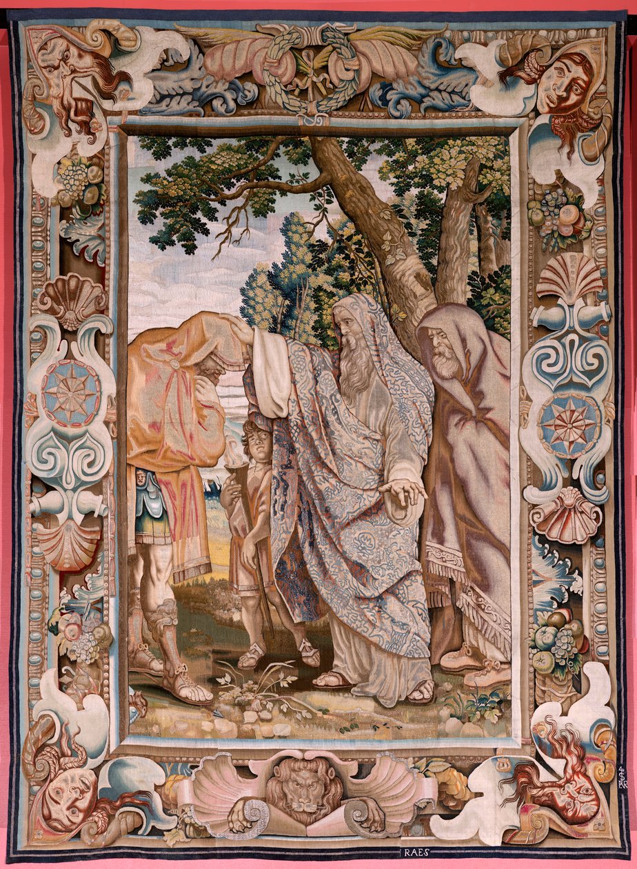 Flanderin kuvakudos. Sarja Konsuli Decius Musin historia. Valerius siunaa Deciusta. Sarjan neljäs kuvakudos. Malli PP Rubens. ; Valmistus Jan Raes II, Bryssel. Noin 1620-1629. Kangas Kulta, hopea, silkki ja villa. Koko 405 x 330 cm. Sijainti Royal Pal tekijältä Peter Paul (after) Rubens