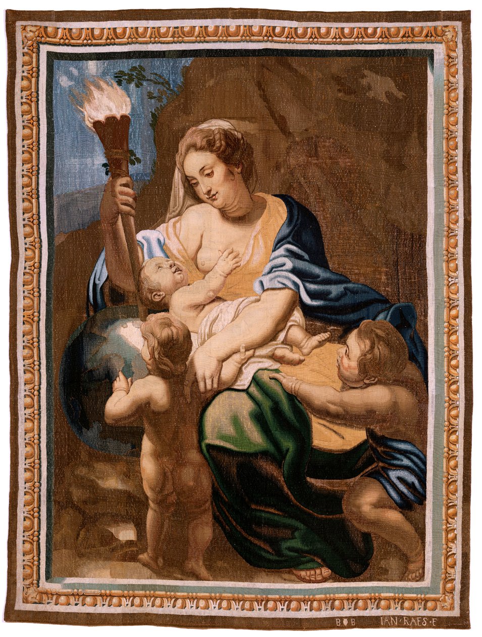 Flanderin kuvakudos. Sarja Eukaristian voitto. Allegoria hyväntekeväisyydestä valaisemassa maailmaa (Alegoría de la Caridad iluminando al mundoà. Sarjan kahdeskymmenes kuvakudos. Malli Peter Paul Rubens. 1626-1628. Valmistus Jan II Raes, Bryssel tekijältä Peter Paul (after) Rubens