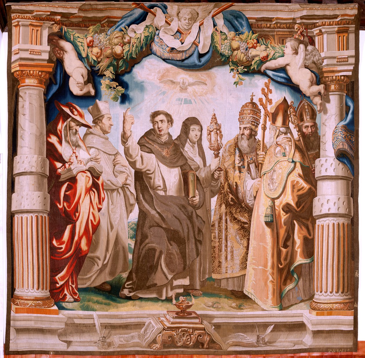 Flanderin kuvakudos. Sarja Eukaristian voitto. Eukaristian puolustajat (os defensores de la Eucaristía). Kymmenes kuvakudos sarjassa. Malli Peter Paul Rubens. 1626-1628. Valmistus Jan II Raes, Hans Vervoert, Jacques Fobert, Bryssel tekijältä Peter Paul (after) Rubens