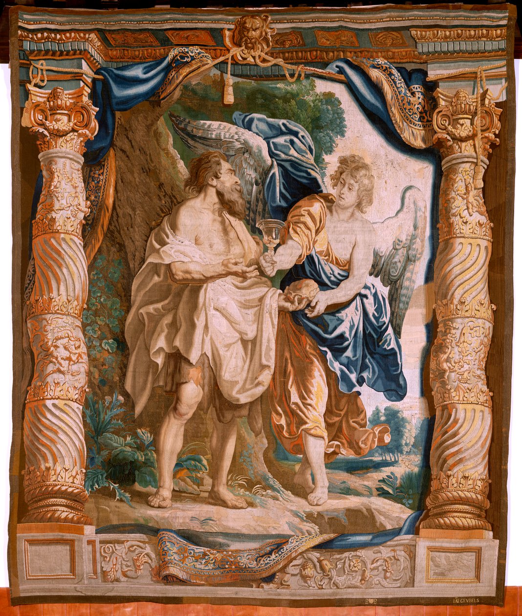 Flanderin kuvakudos. Sarja Eukaristian voitto. Profeetta Eliasta lohduttaa enkeli (El profeta Elías confortado por el ángel). Sarjan viides kuvakudos. Malli Peter Paul Rubens. 1626-1628. Valmistus Jacob II Geubels, Bryssel tekijältä Peter Paul (after) Rubens