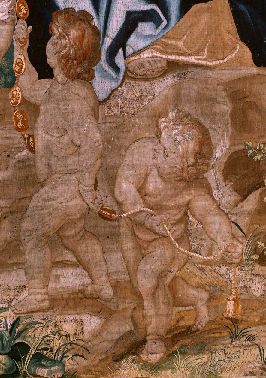 Flanderin kuvakudos. Sarja Eukaristian voitto. Paavien peräkkäisyys (La sucesión de los papas). Sarjan kahdeksastoista kuvakudos. Malli Peter Paul Rubens. 1626-1628. Valmistus Jan II Raes, Hans Vervoert, Bryssel tekijältä Peter Paul (after) Rubens