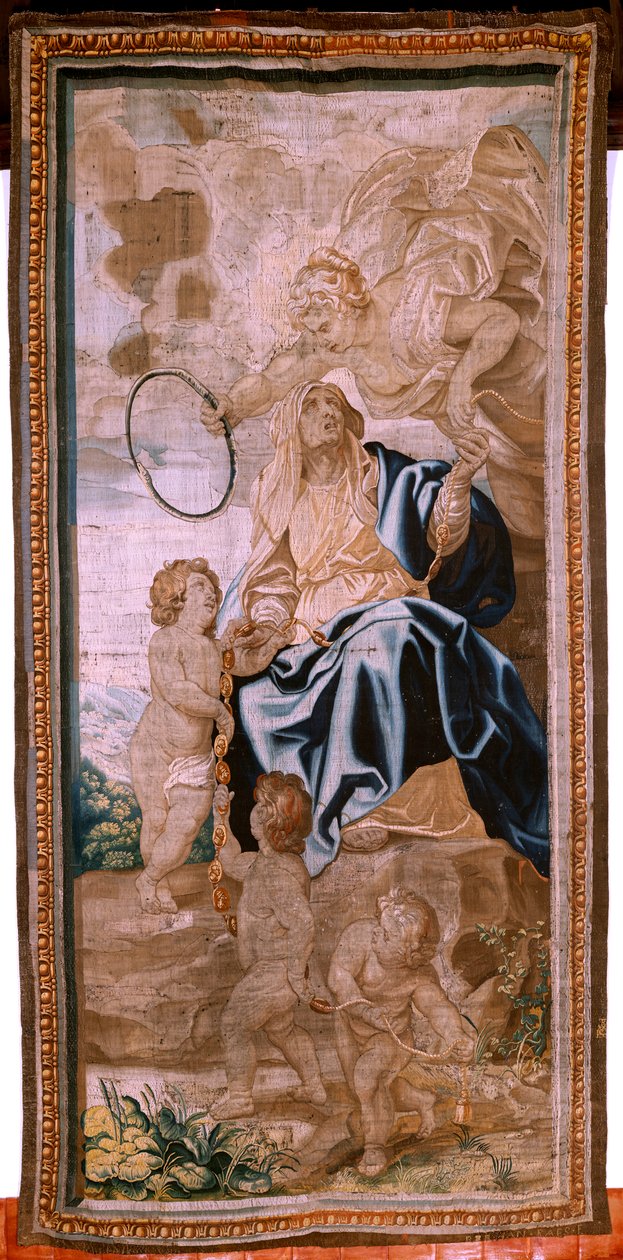 Flanderin kuvakudos. Sarja Eukaristian voitto. Paavien peräkkäisyys (La sucesión de los papas). Sarjan kahdeksastoista kuvakudos. Malli Peter Paul Rubens. 1626-1628. Valmistus Jan II Raes, Hans Vervoert, Bryssel tekijältä Peter Paul (after) Rubens