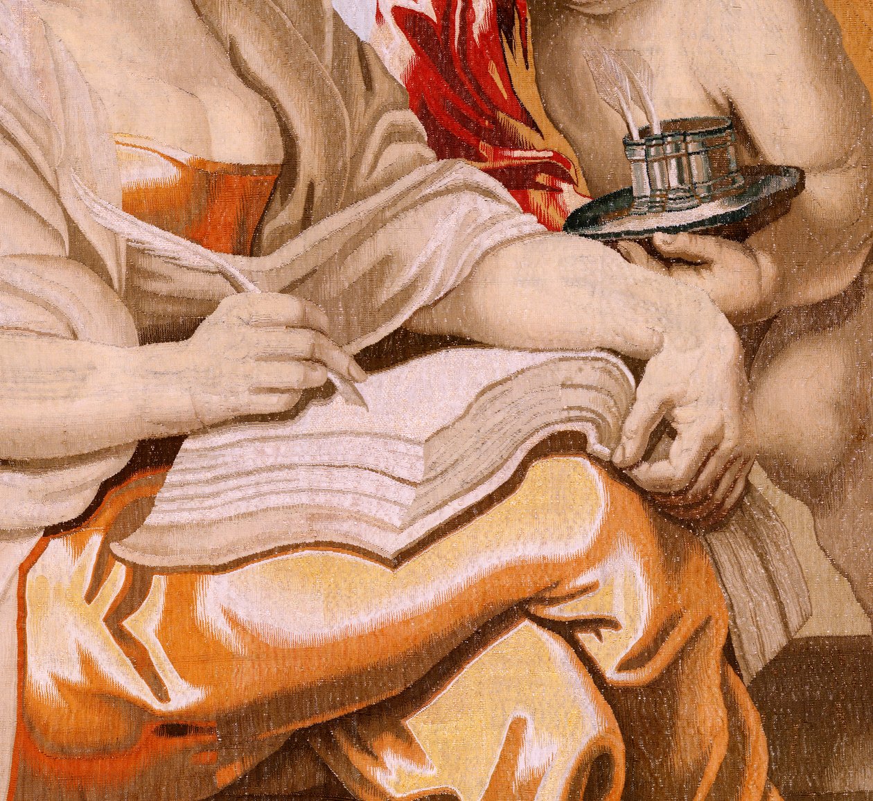 Flanderin kuvakudos. Sarja Eukaristian voitto. Viisaus on Pyhän Hengen innoittama (La Sabiduría inspirada por el Espíritu Santo). Sarjan yhdeksästoista kuvakudos. Malli Peter Paul Rubens. 1626-1628. Valmistus Jacob II Geubels, Bryssel tekijältä Peter Paul (after) Rubens