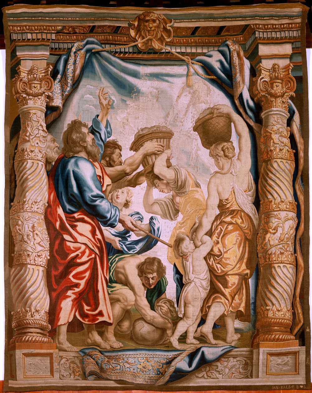 Flanderin kuvakudos. Mannan putoaminen erämaassa (La caída del maná en el desierto). Sarja Eukaristian voitto. Sarjan kolmas kuvakudos. Malli Peter Paul Rubens. 1626-1628. Valmistus Jan II Raes, Jacob II Geubels, Hans Vervoert, Ja tekijältä Peter Paul (after) Rubens