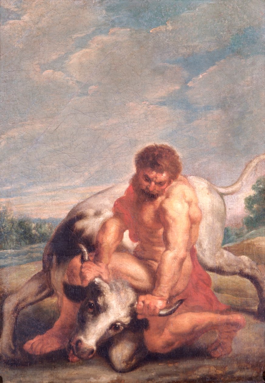 Hercules paini Achelousin kanssa härän muodossa (öljy kankaalle) tekijältä Peter Paul (after) Rubens