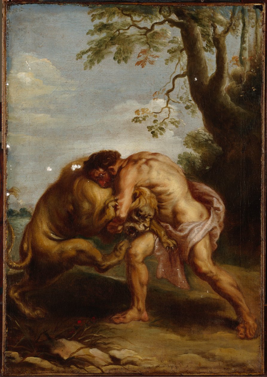 Hercules ja Nemean Lion (öljy kankaalle) tekijältä Peter Paul (after) Rubens
