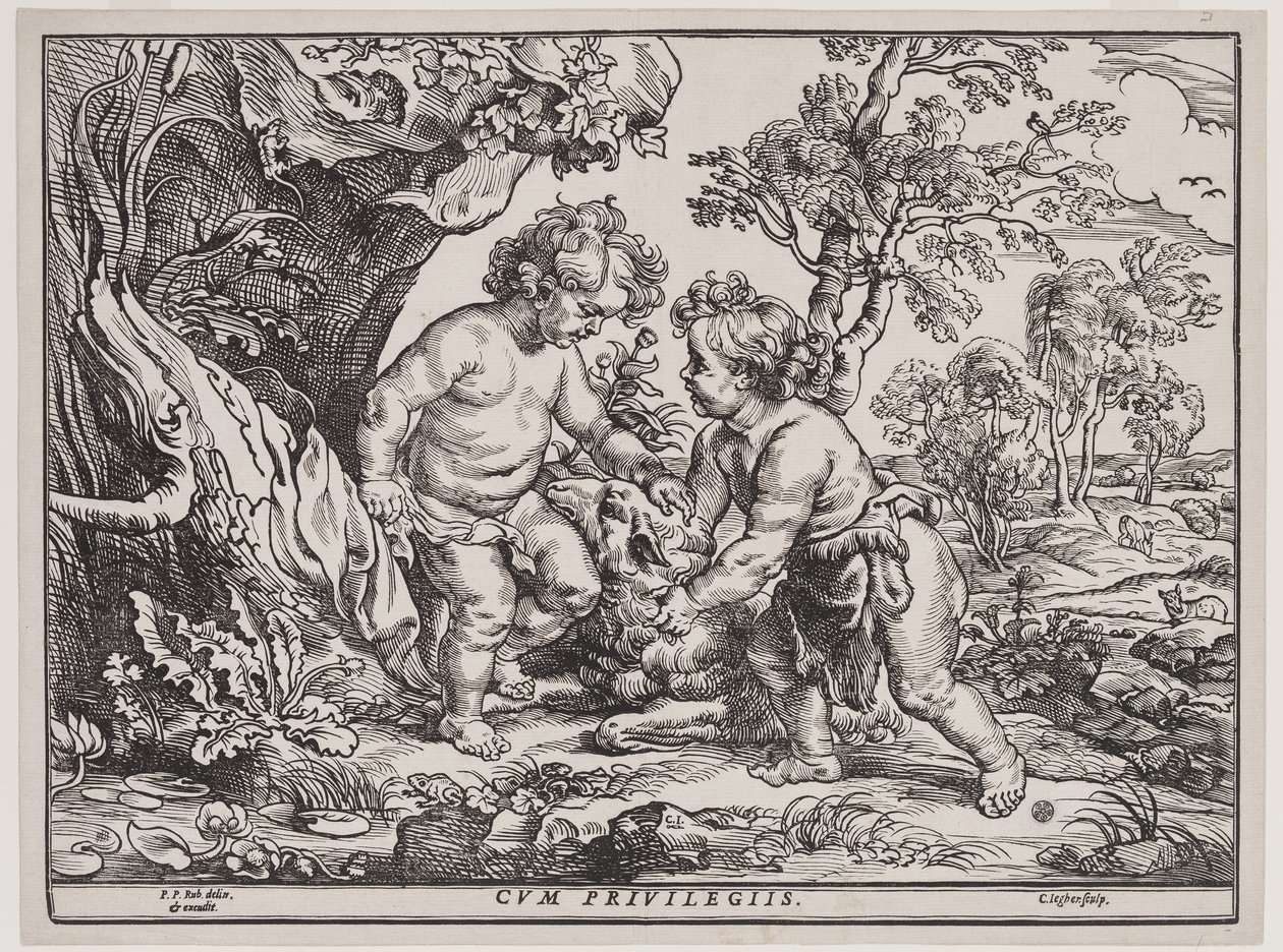 Kristus-lapsi ja pyhä Johannes leikkimässä karitsalla, kaiverrus Christoffel Jegher (1596-1653), vuoden 1632 jälkeen (puupiirros) tekijältä Peter Paul (after) Rubens