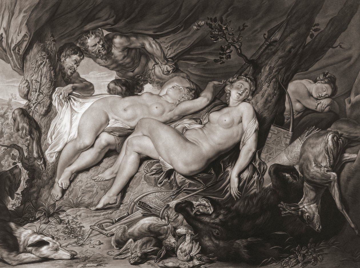 Nukkuva Diana ja hänen nymfinsä vakoilivat satyyrit. (Tulosta) tekijältä Peter Paul (after) Rubens
