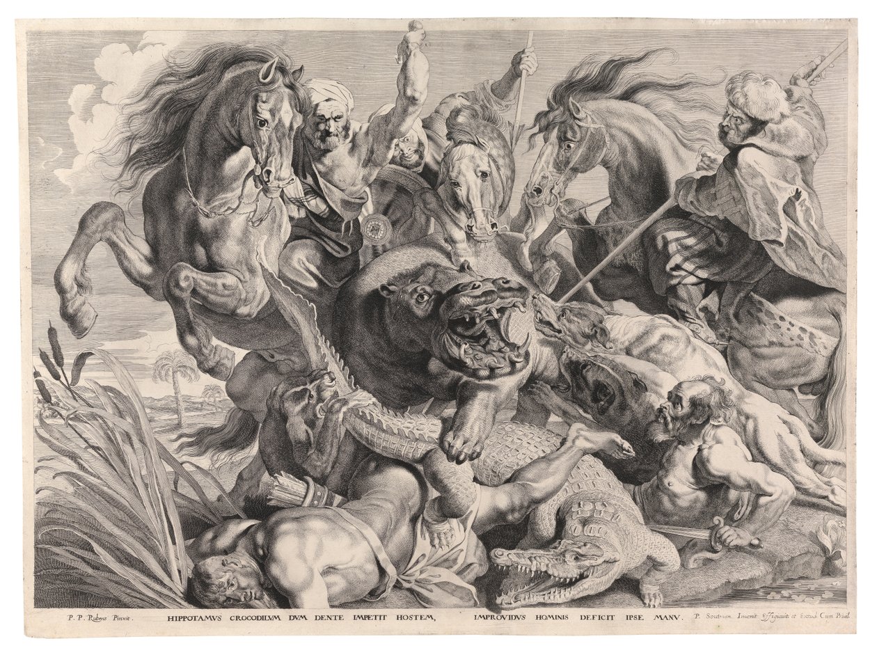 Virhehevon ja krokotiilin metsästys (kaiverrus) tekijältä Peter Paul (after) Rubens