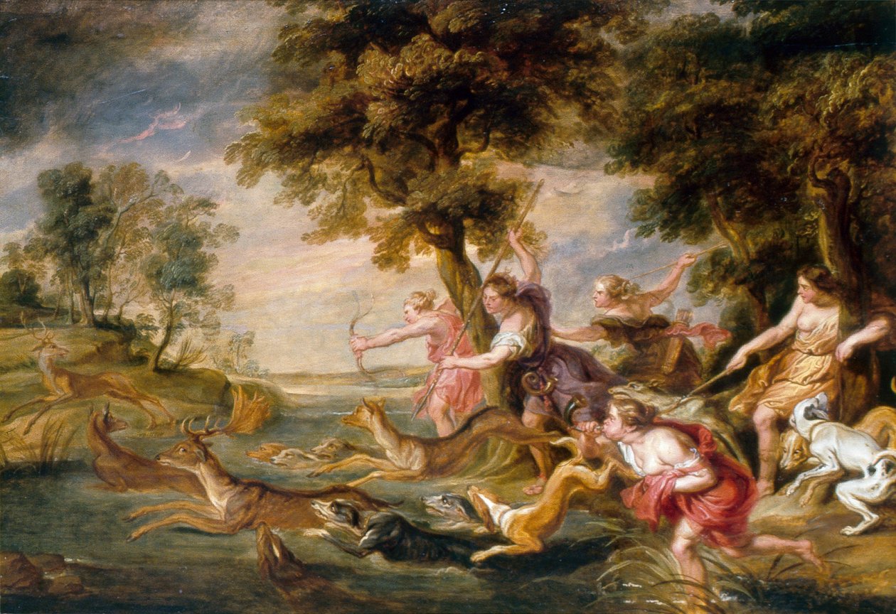 Diana ja nymfit metsästämässä metsäpeuraa, noin 1673 (öljy kankaalle). tekijältä Peter Paul (follower of) Rubens