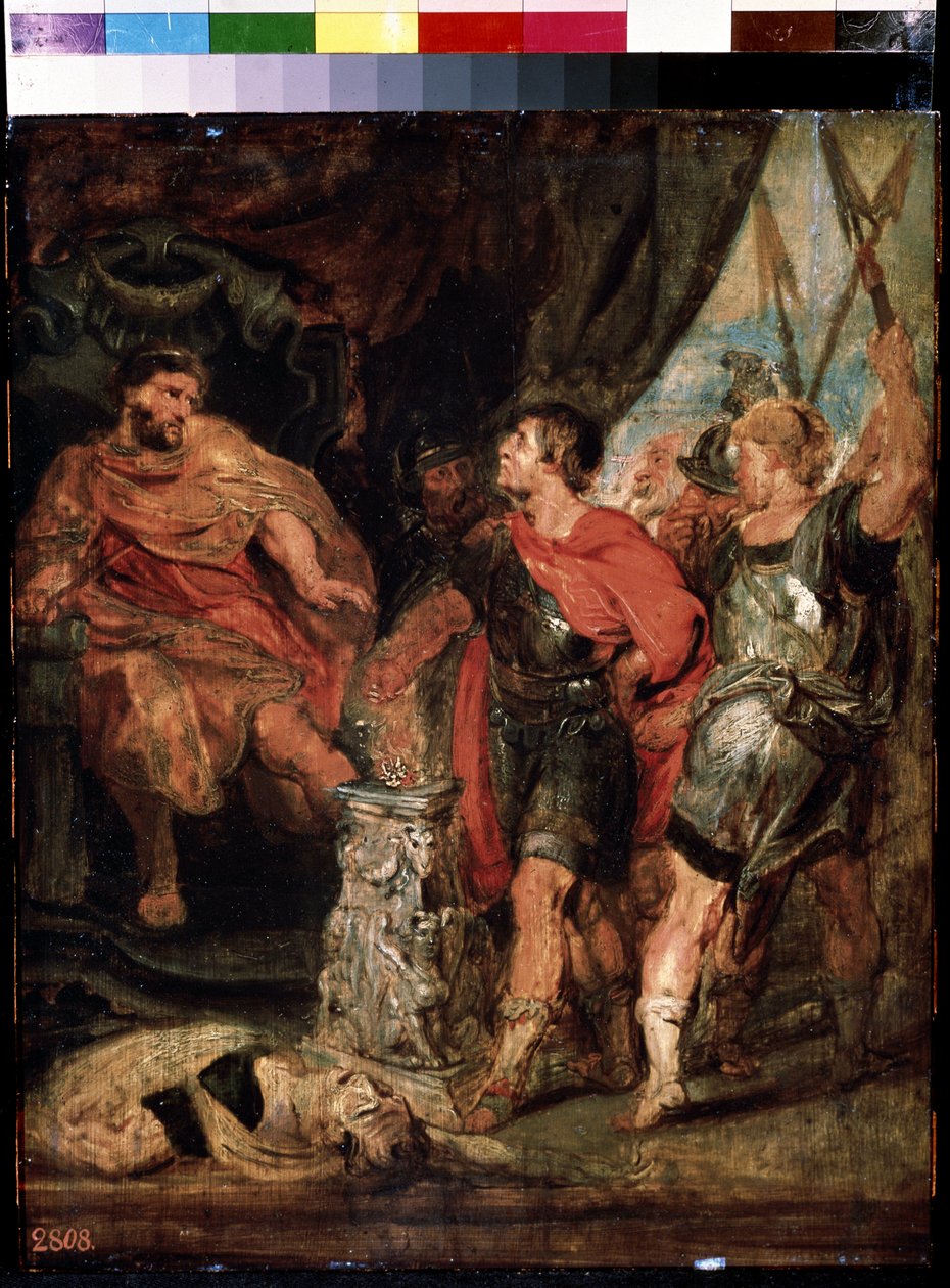 Mucius Scaevola devantti Porsenna (Mucius Scaevola ennen Porsennaa). Caius Mucius Scaevola, jeune patriisilainen romanien sieppaus par la garde royale de Porsenna (Porsinna, Porsena) tekijältä Peter Paul (studio of) Rubens