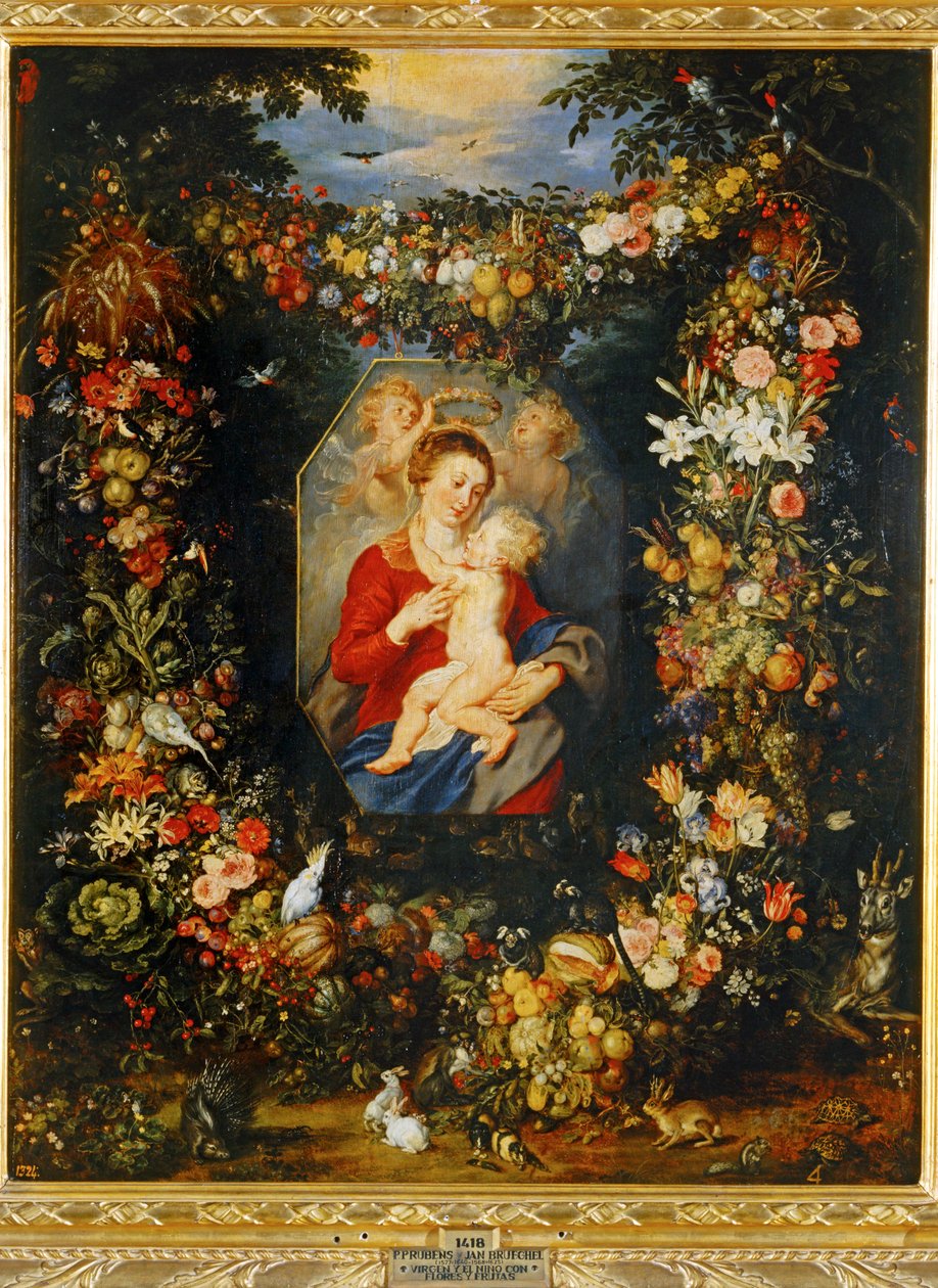 Maria Neitsyt ja lapsi kukkaseppeleen ja hedelmien kanssa ... tekijältä Peter Paul & Brueghel Jan (1601 78) Rubens