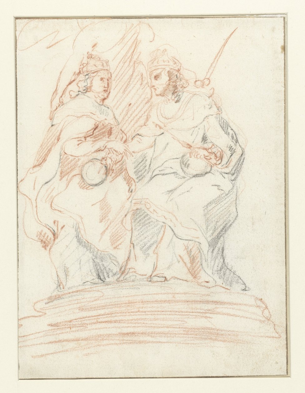 Kuningas ja kuningatar valtaistuimella, heidän takanaan seisoo Fama Kristus ja Maria tekijältä Peter Paul Rubens (possibly)