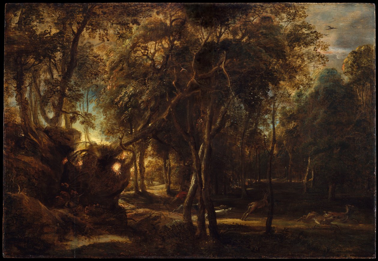 Metsä aamunkoitteessa peuranmetsästyksen kanssa, n. 1635 tekijältä Peter Paul Rubens