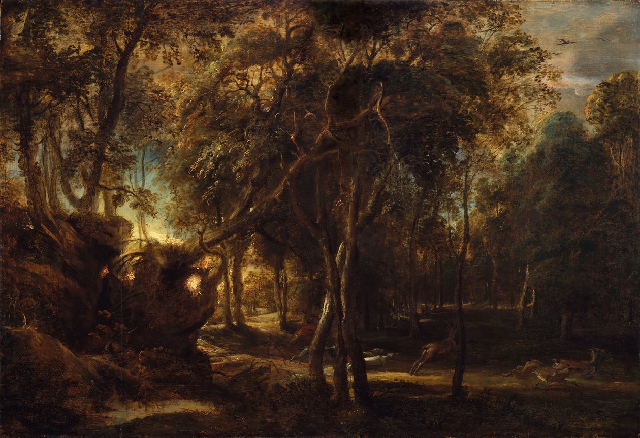 Metsä aamunkoitteessa peuranmetsästyksen kanssa, n. 1635. tekijältä Peter Paul Rubens