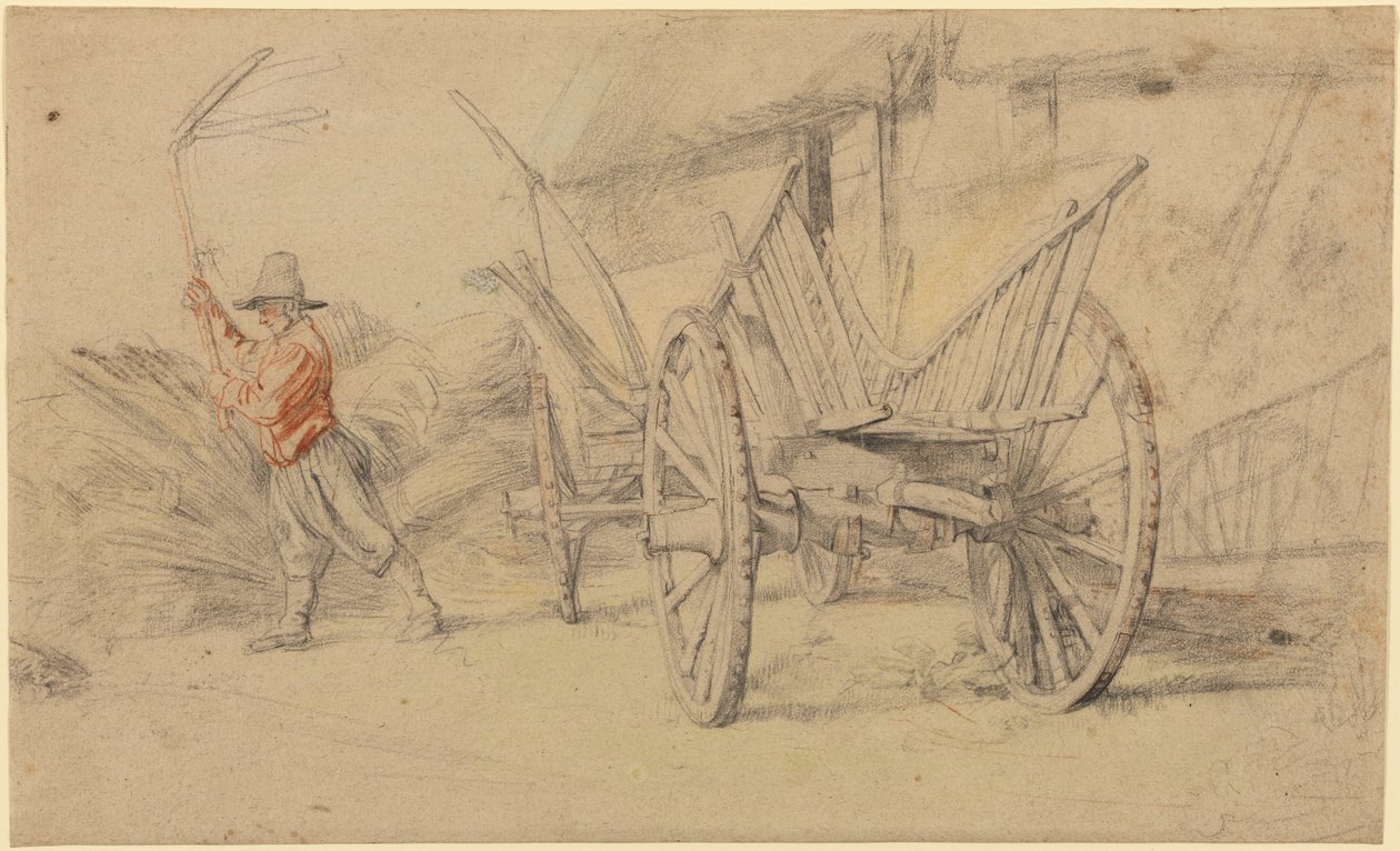 Mies kyntää vaunun vieressä, takana maatilan rakennuksia tekijältä Peter Paul Rubens