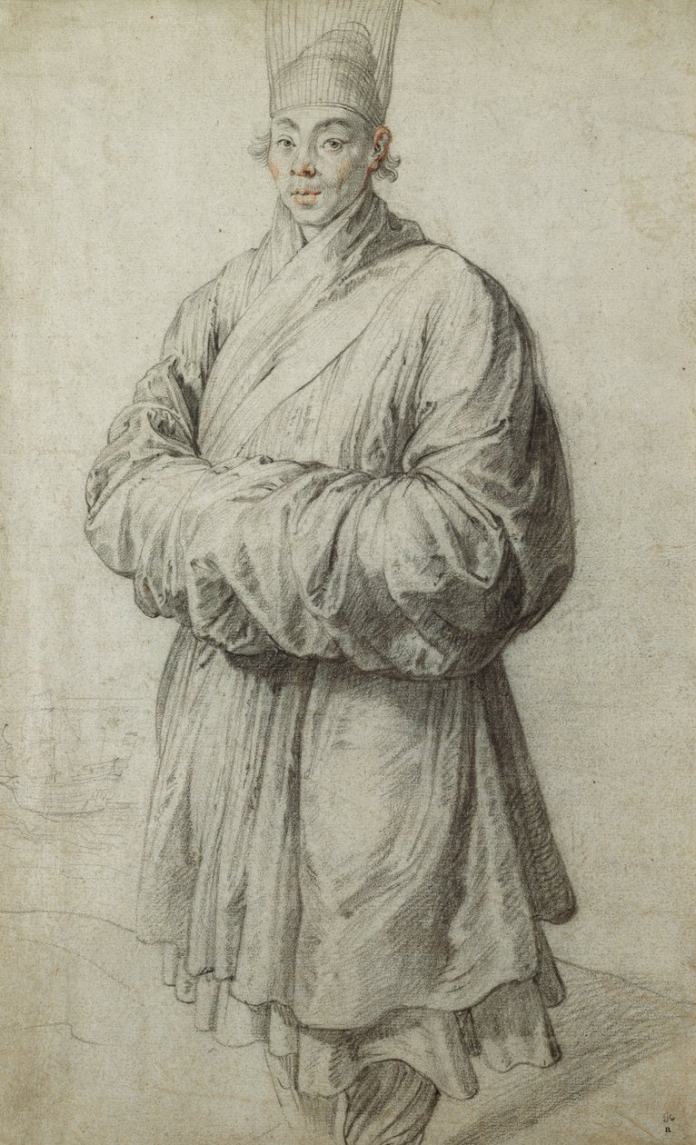 Mies korealaisessa asussa, yllään läpinäkyvä hevosenjouhoinen päähine, lähes kokopituinen, laiva vasemmalla, tekijältä Peter Paul Rubens
