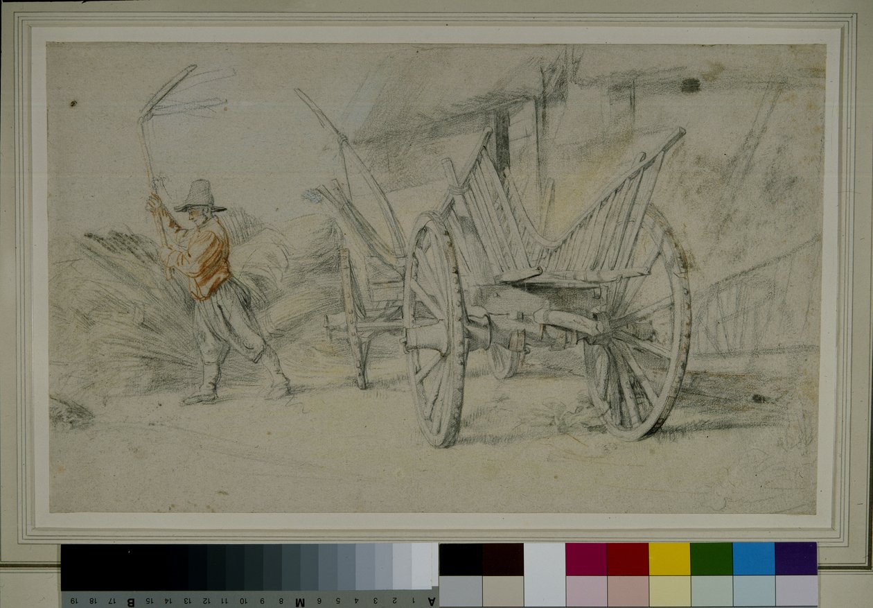 Mies puimaan vaunun vieressä, maatilarakennukset takana tekijältä Peter Paul Rubens