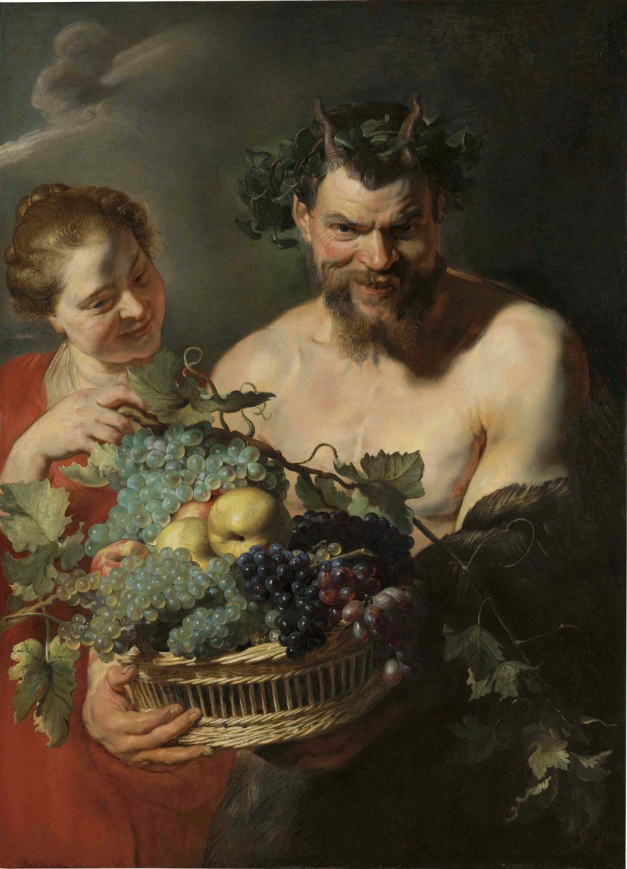 Peter Paul Rubensin satiiri, jolla on kori täynnä viinirypäleitä ja kvitteneitä ja nymfi, kuvaaja Peter Paul Rubens tekijältä Peter Paul Rubens