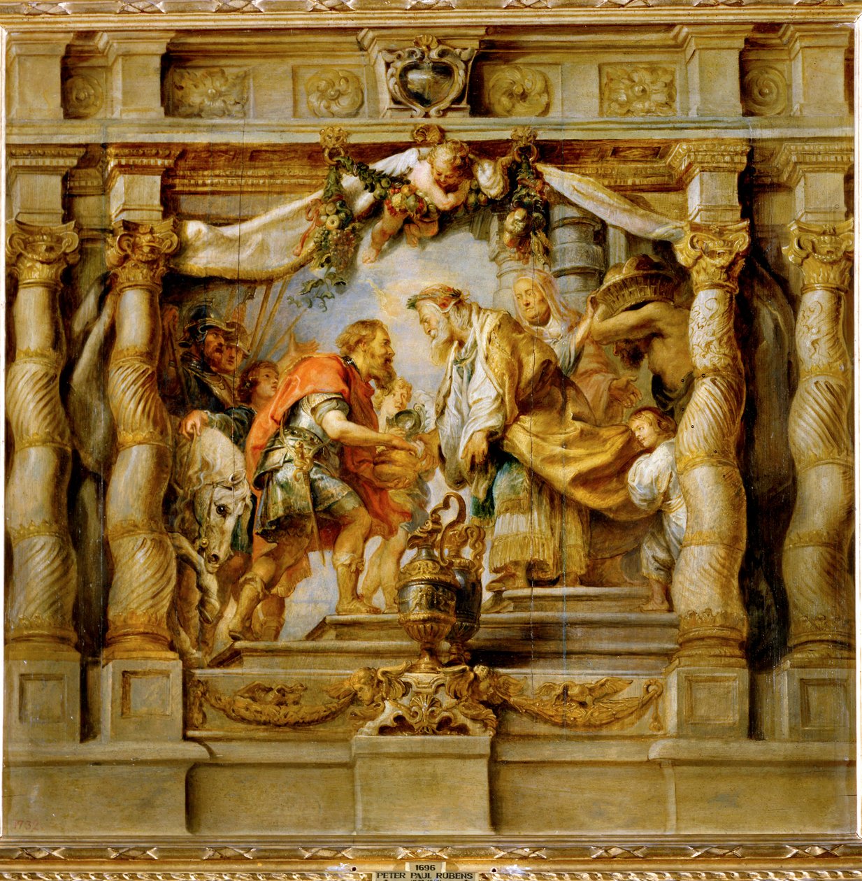 Abrahan tarjoaa kymmenykset Salemin pappiskuningas Melkisedekille (maalaus puulle) tekijältä Peter Paul Rubens