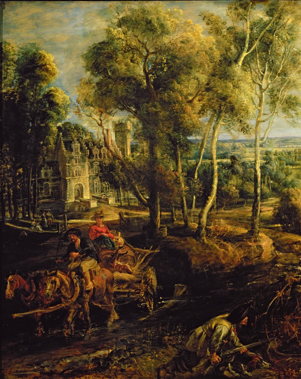 Syksyinen maisema näköalalla Het Steeniin varhain aamulla, n. 1636 öljytaulun yksityiskohta 211075 tekijältä Peter Paul Rubens