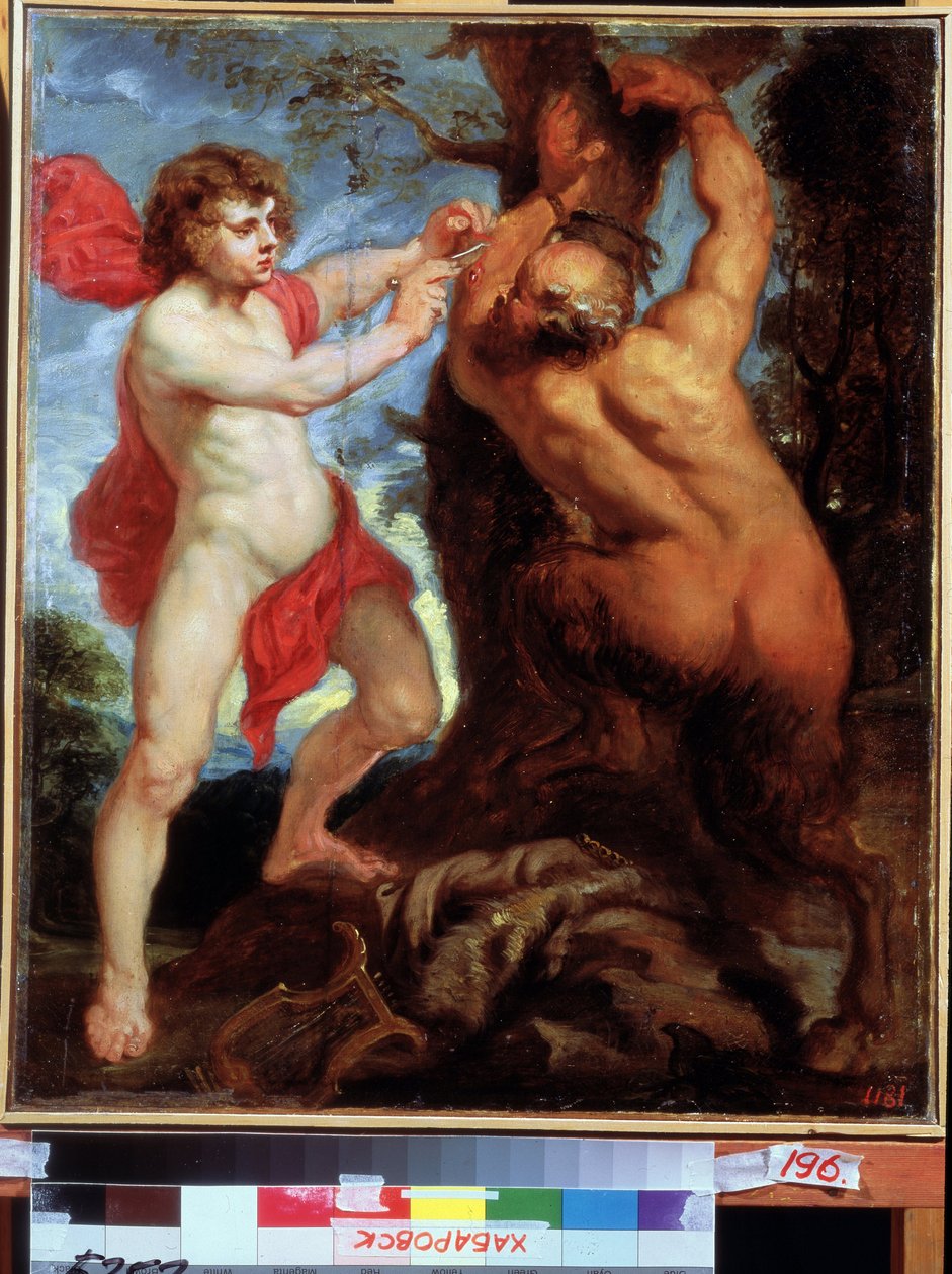 Apollo ja Marsyas. Peinture de Pierre Paul (Pierre-Paul) Rubens (tai Peter Paul tai Petrus Paulus) (1577-1640). Öljy puulle, 57 x 48 cm. Flanderin taide, barokkitaide. Kaukoidän taidemuseo, Habarovsk. tekijältä Peter Paul Rubens