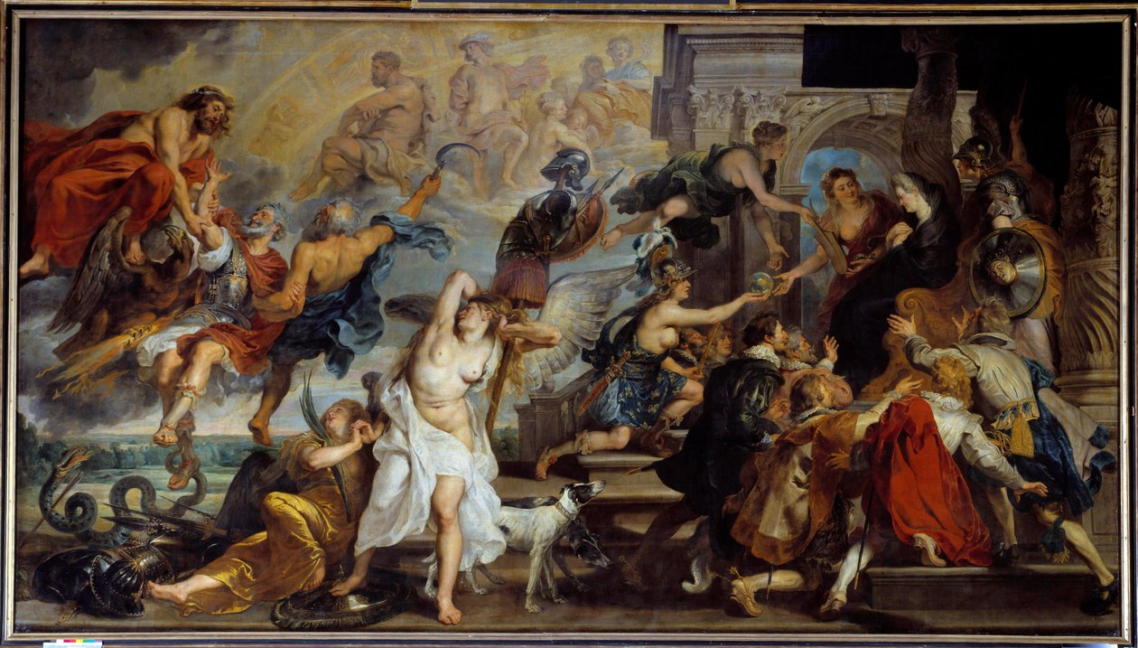 Henrik IV:n (1553-1610) apoteoosi ja Mediciksen Marian (1573-1642) valtionhallinnon julistus vuonna 1610. Pierre Paul (Pierre-Paul) Rubensin (tai Peter Paulin tai Petrus Pauluksen) maalaus (1577-1640), flaamilainen koulu tekijältä Peter Paul Rubens