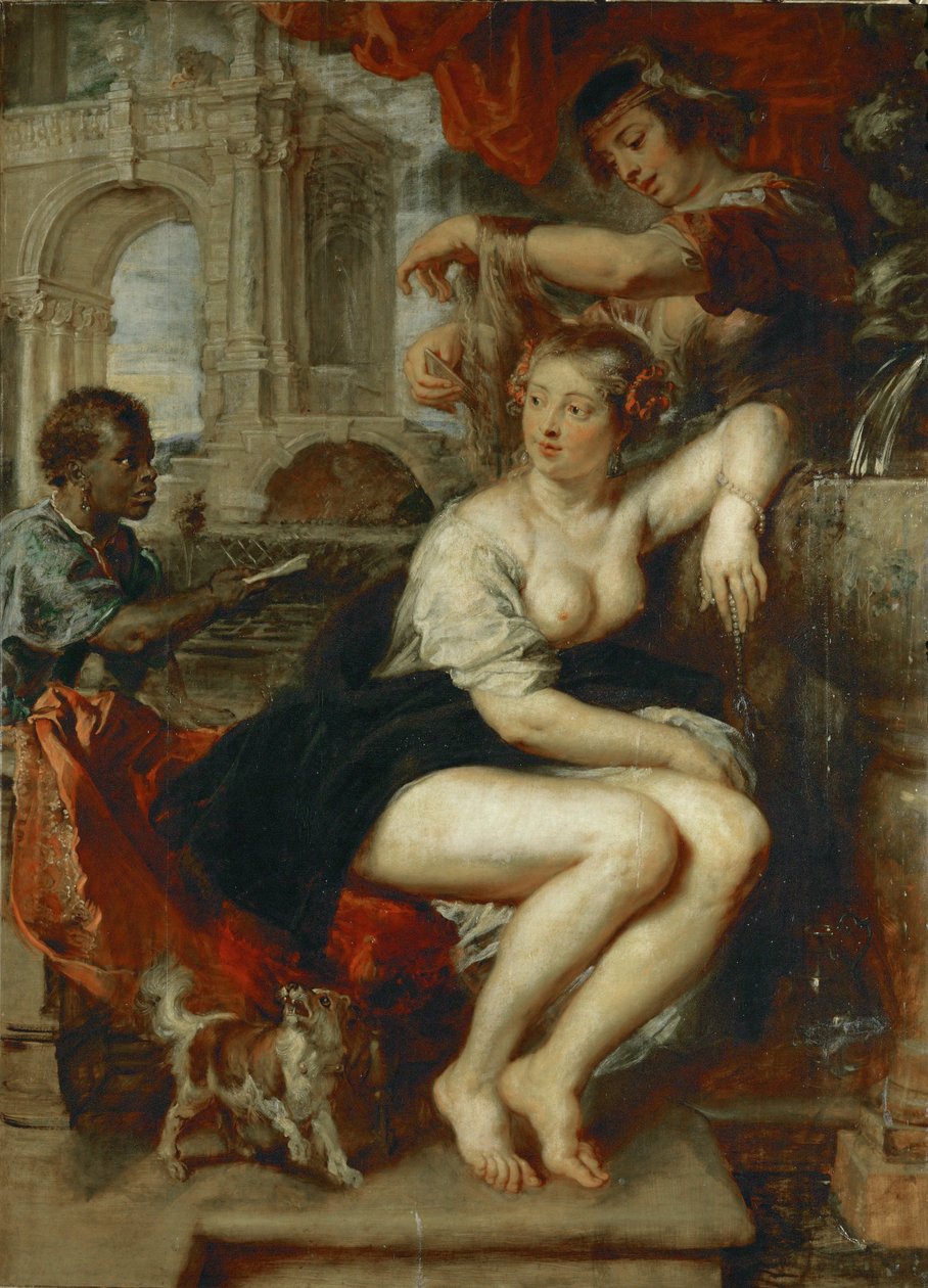 Bathseba kaivolla, poika tuo kuningas Daavidin kirjeen (maalaus tammipuulle). tekijältä Peter Paul Rubens