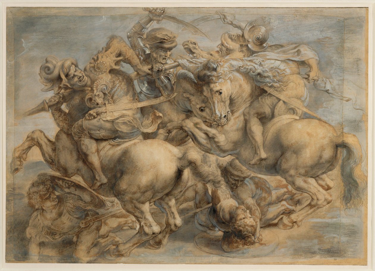 Anghiarin taistelu (ruskea muste, musta kivi, sivellin, kynä, korotettu guassilla ja lyijyvalkoisella). tekijältä Peter Paul Rubens