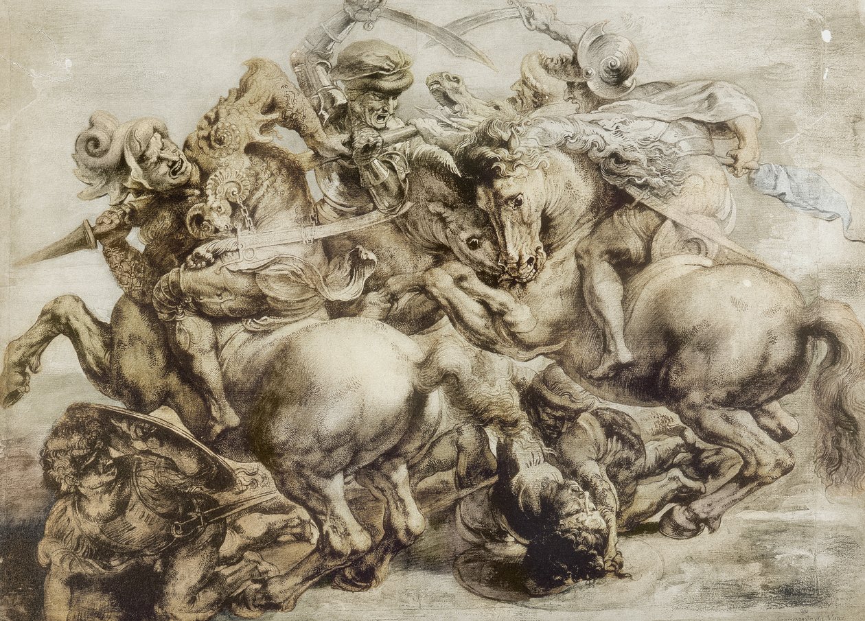 Anghiarin taistelu Leonardo da Vincin jälkeen (kynä ja muste pesulla paperille) tekijältä Peter Paul Rubens