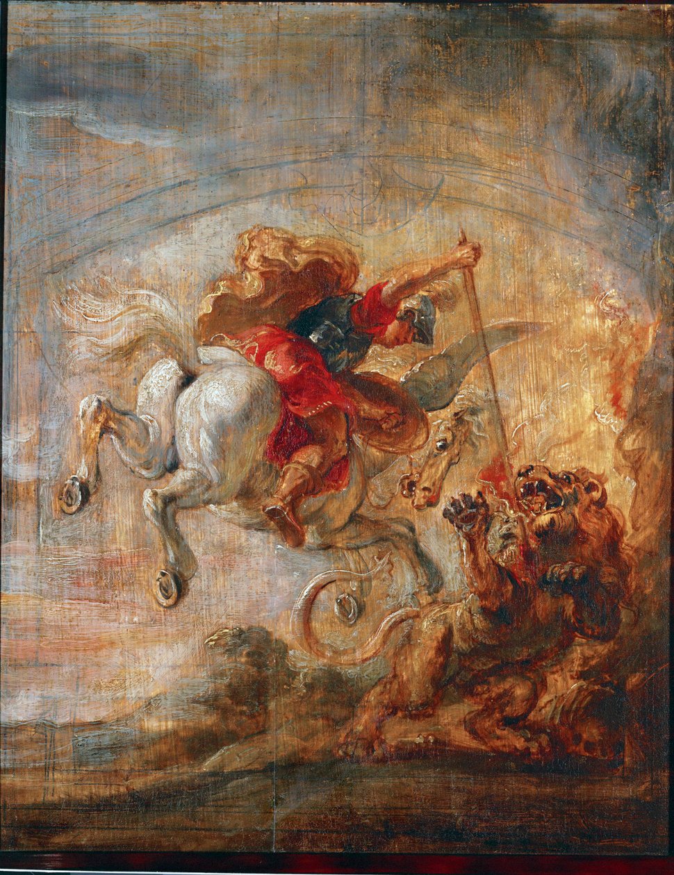 Bellerophon, ratsastaen Pegasoksella, taistelee Kimeeraa vastaan (öljy kankaalle) tekijältä Peter Paul Rubens