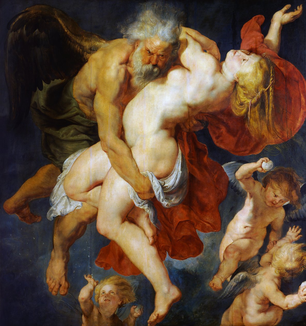 Boreas sieppaa Oreithyan, n. 1620 (öljy paneelissa) tekijältä Peter Paul Rubens
