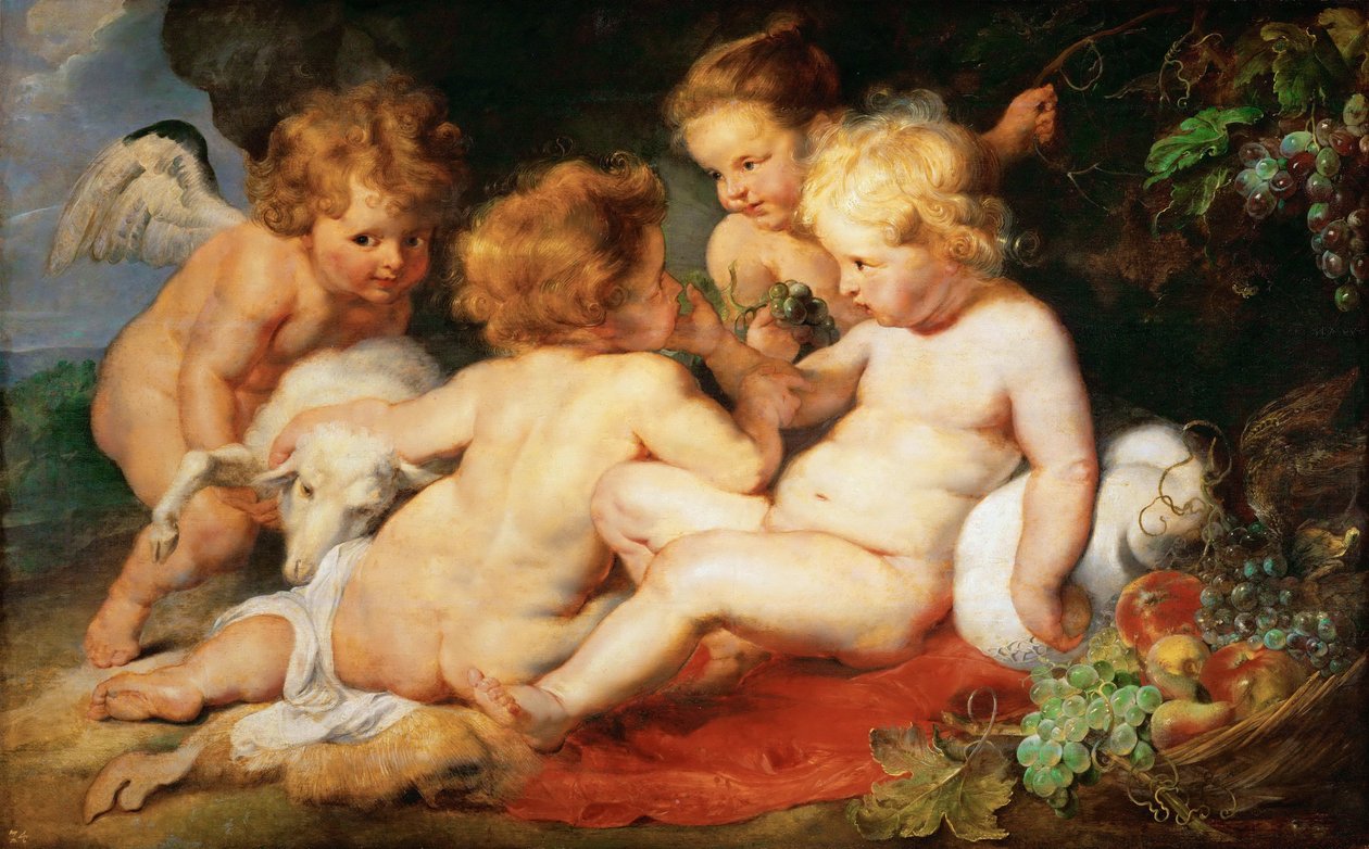 Kristus ja Johannes Kastaja lapsena kahden enkelin kanssa - Pieter Paul Rubens (1577-1640). Öljy puulle, c. 1615-1620. Mitat: 76,5x122,3 cm. Taidehistoriallinen museo, Vienne tekijältä Peter Paul Rubens