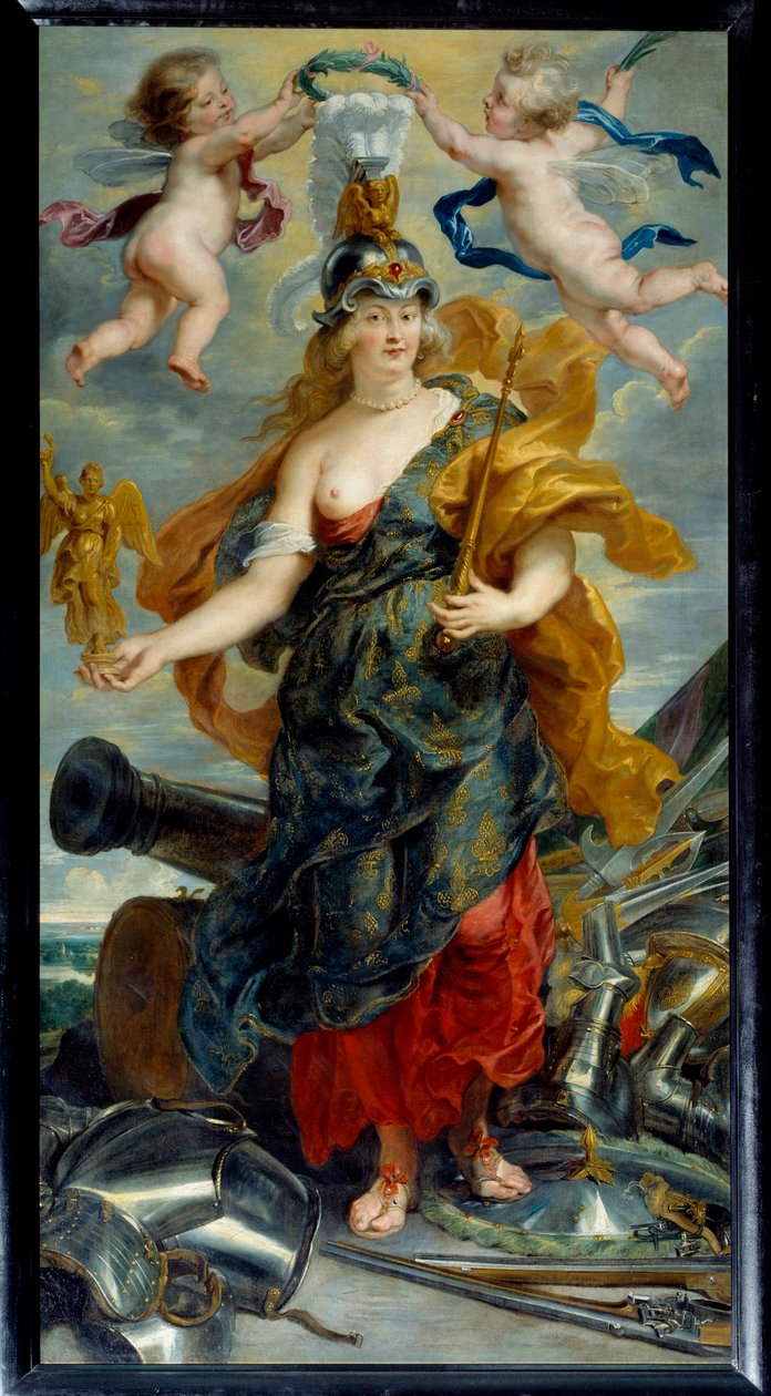Cycle des Medicis: "" Portrait en pied de Marie de Medicis en Bellona (1573-1642) Ranskan kuningatar"" Pierre Paulin (Pierre-Paul) Rubensin maalaus (tai Peter Paul tai Peter Paul) (1577-1640) (ec) .flam.) 1621 Sun. 2,76x1,49 m tekijältä Peter Paul Rubens