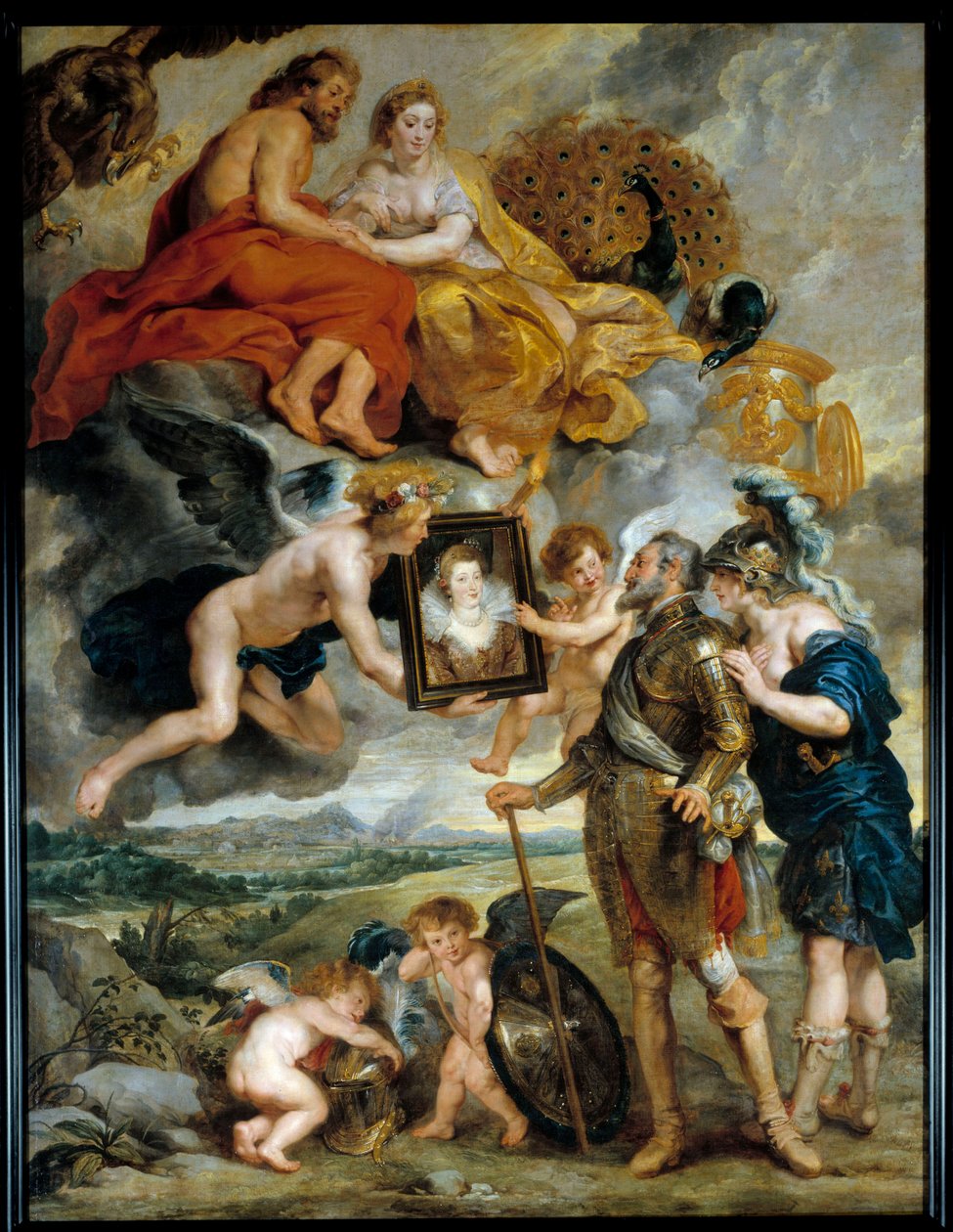Cycle des Medicis: "" Ranskan kuningas Henrik IV (1553-1610) saa Marie de Mediciksen (1573-1642) muotokuvan"" Pierre Paul (Pierre-Paul) Rubensin (tai Peter Paulin tai Petrus Pauluksen) maalaus ( 1577-1640) 1600-luvun su. 3,9x2,9 m tekijältä Peter Paul Rubens