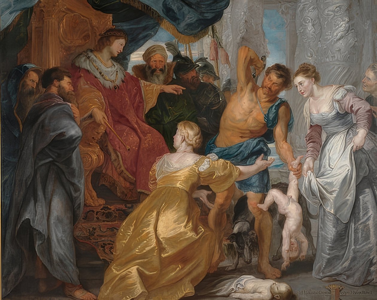 Kuningas Salomon tuomio. Noin 1617 tekijältä Peter Paul Rubens