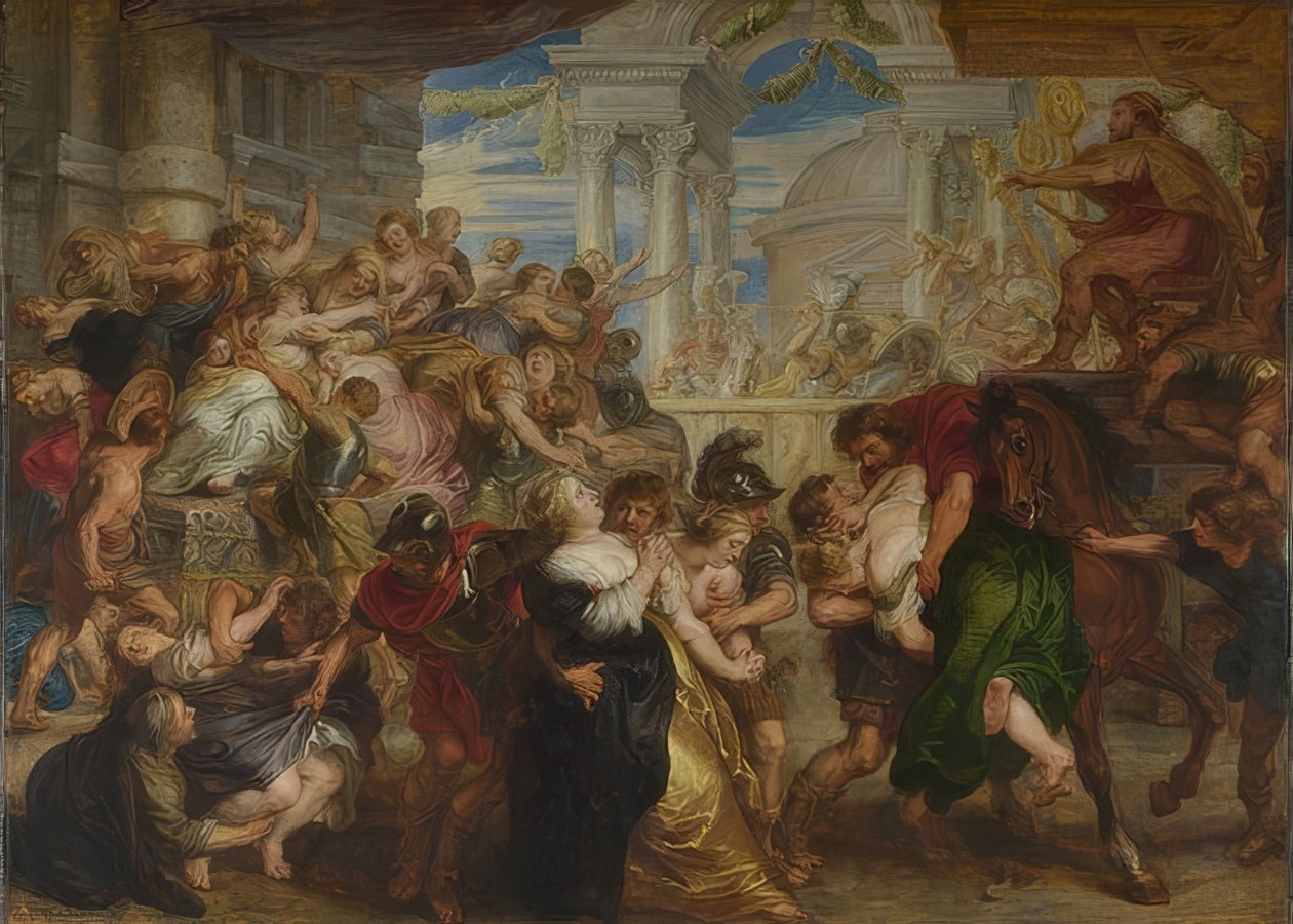 Sabiininaisten ryöstö. Noin 1635-40 tekijältä Peter Paul Rubens