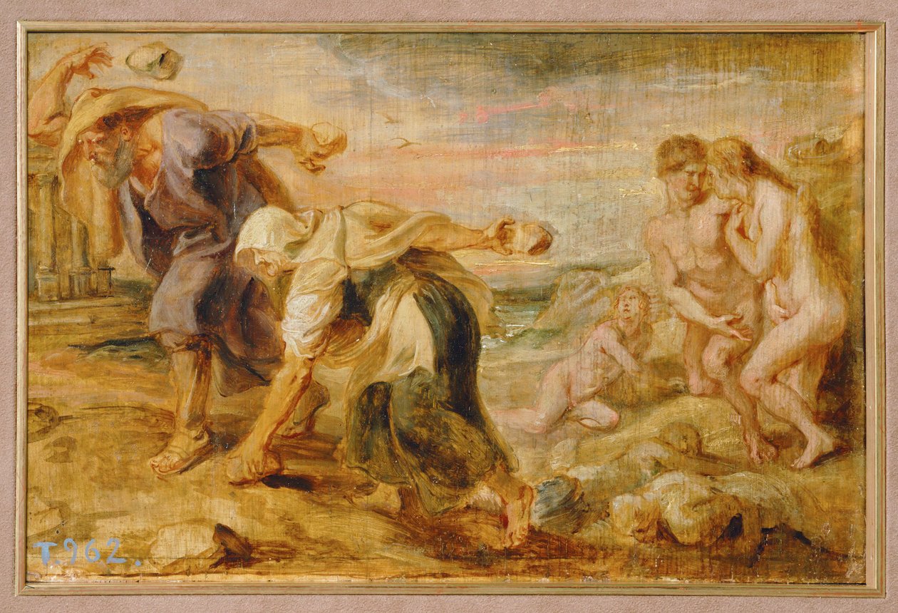 Deukalion ja Pyrrha, ihmiskunnan luojat ensimmäisen tulvan jälkeen (maalaus puulle) tekijältä Peter Paul Rubens