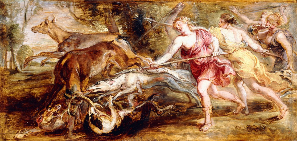 Diana ja hänen nymfinsä metsästävät - malli, tekijältä Peter Paul Rubens
