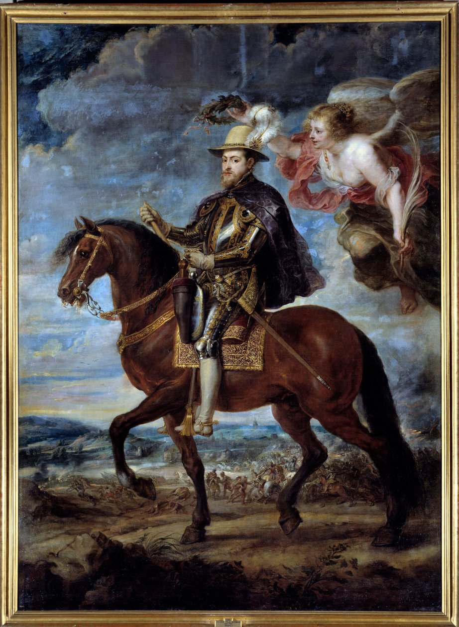 Espanjan kuninkaan Philip II:n (1527-1598) ratsastusmuotokuva Peter Paul (Pierre-Paul) Rubensin (tai Peter Paul tai Petrus Pauluksen) (1577-1640) maalaus 1500-luvun su. 3,14x2,28 m Madrid, Prado-museo tekijältä Peter Paul Rubens