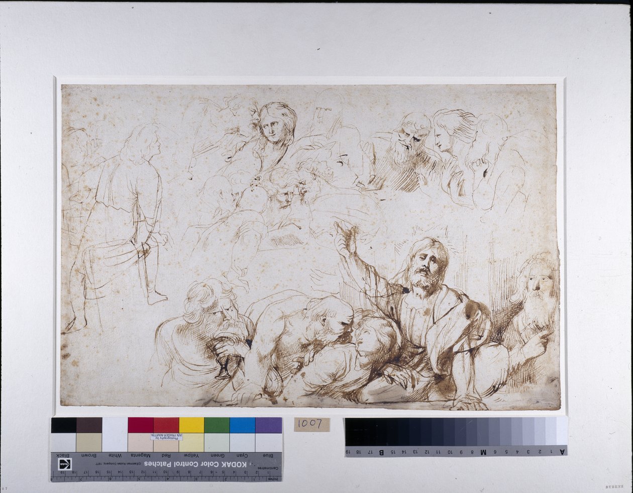 Viisi hahmoryhmää viimeiselle ehtoolliselle (Kristus ilmoittaa kavaltaan) n. 1601-04 (kynä ja muste pesulla paperilla) tekijältä Peter Paul Rubens
