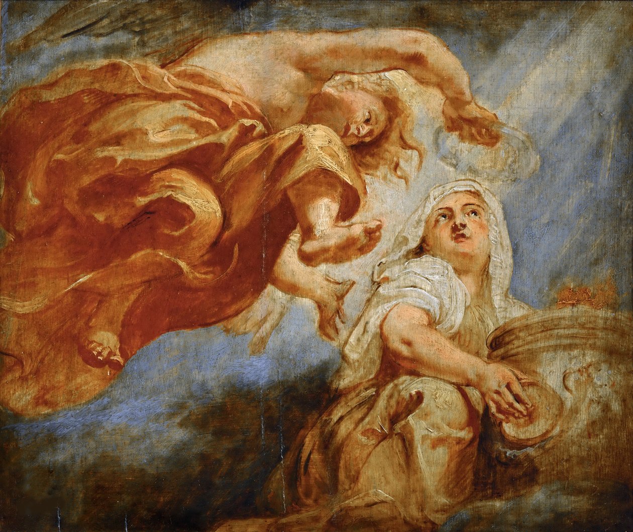 Genius Crowning Uskonto. Luonnos kuningas Jaakob I:n apoteoosista tekijältä Peter Paul Rubens