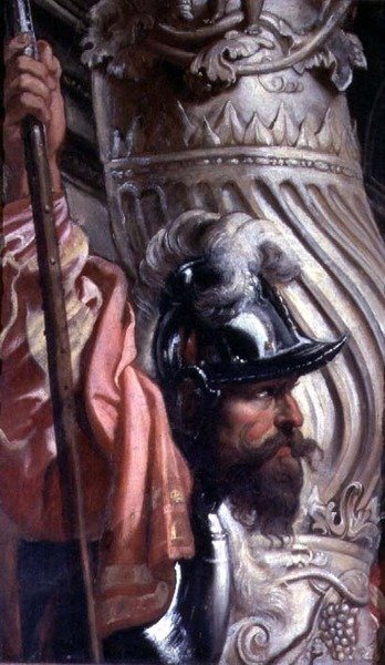 Halberdier, fragmentti Gonzaga-perheestä kolminaisuuden palvonnassa (78804:n yksityiskohta) tekijältä Peter Paul Rubens