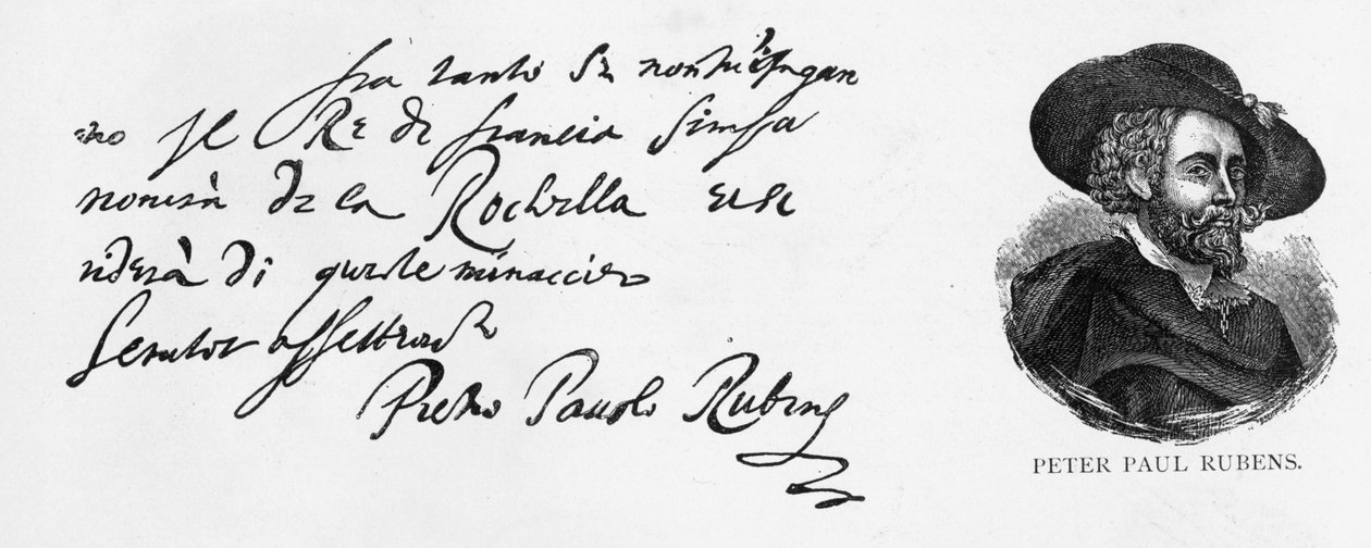 Rubensin käsiala ja allekirjoitus italiankielisestä kirjeestä Englannin laivaston tappiosta La Rochellen piirityksessä, kirjoitettu Antwerpenistä 30. joulukuuta 1627 tekijältä Peter Paul Rubens