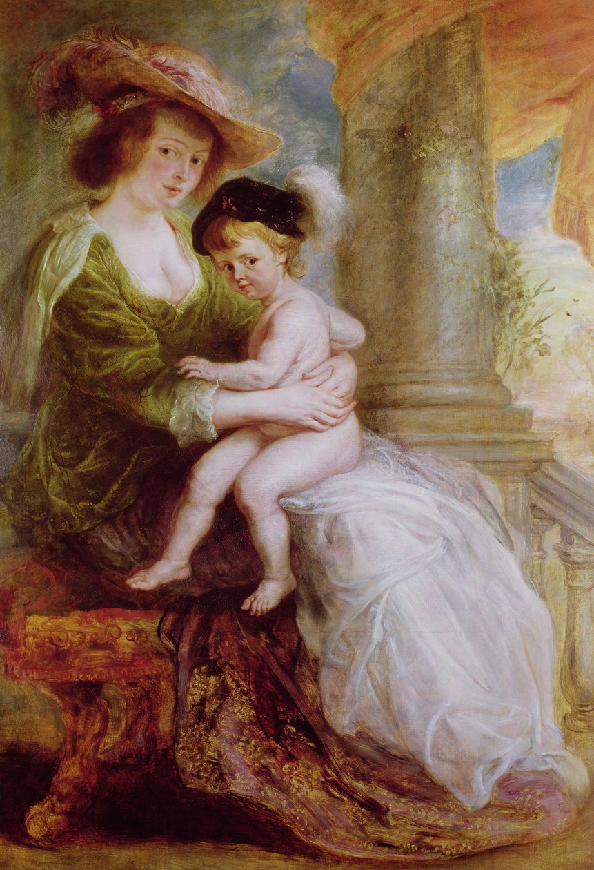 Helene Fourment (1614-73) ja hänen poikansa Frans (öljy paneelissa) tekijältä Peter Paul Rubens